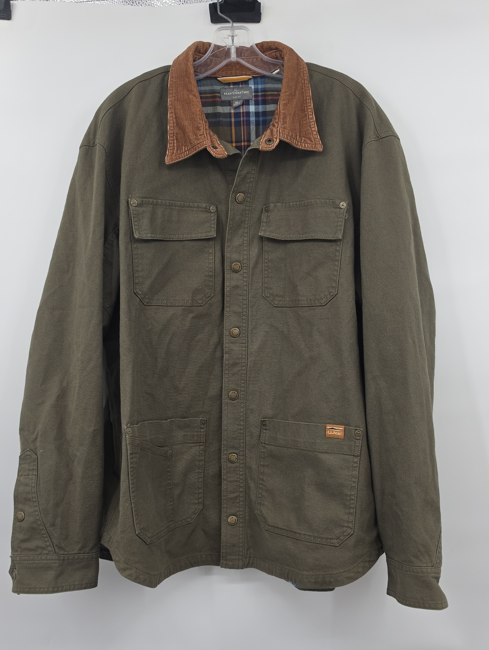 L.L. Bean Signature Olive Canvas Field Jacket with Brown Corduroy Collar Size XL
